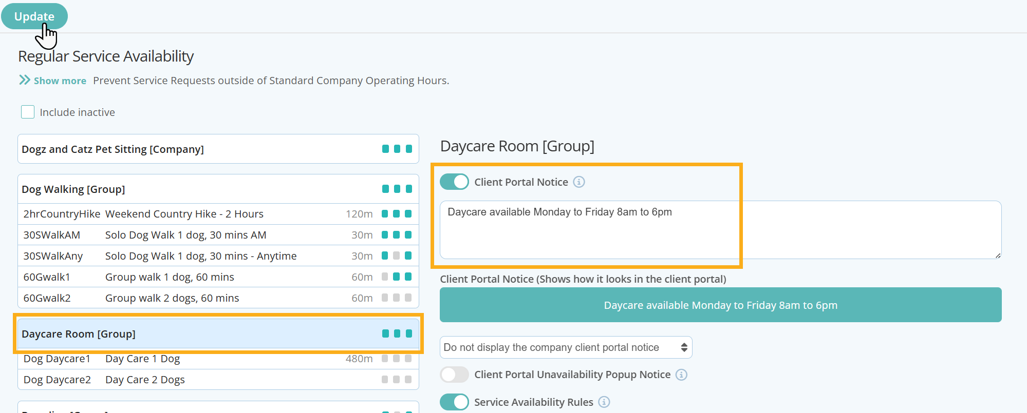 Add a Notice to the client portal for Daycare Services in Pet Sitting Software