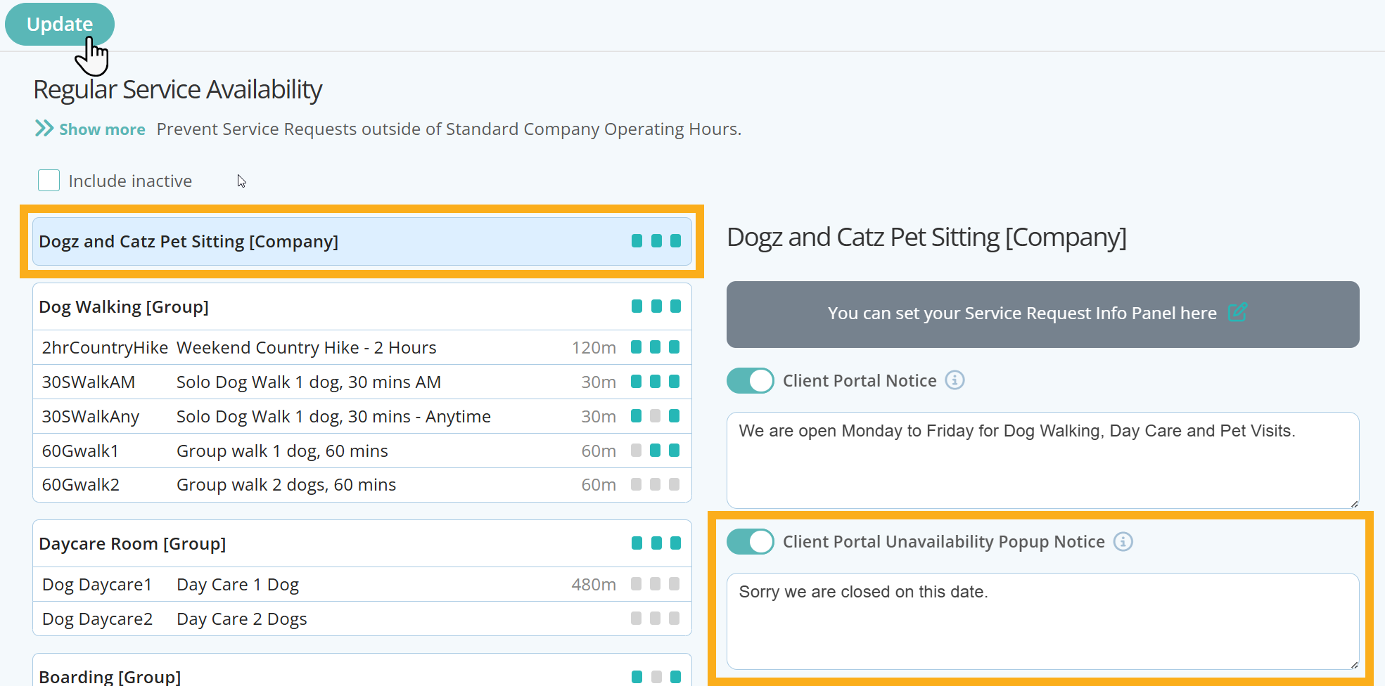 Set a service unavailable notice for clients in Dog Sitting Software