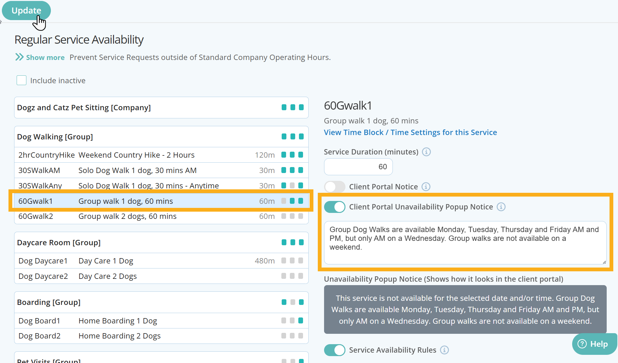 Set a Service Level unavailability Notice in Pet Sitter Software