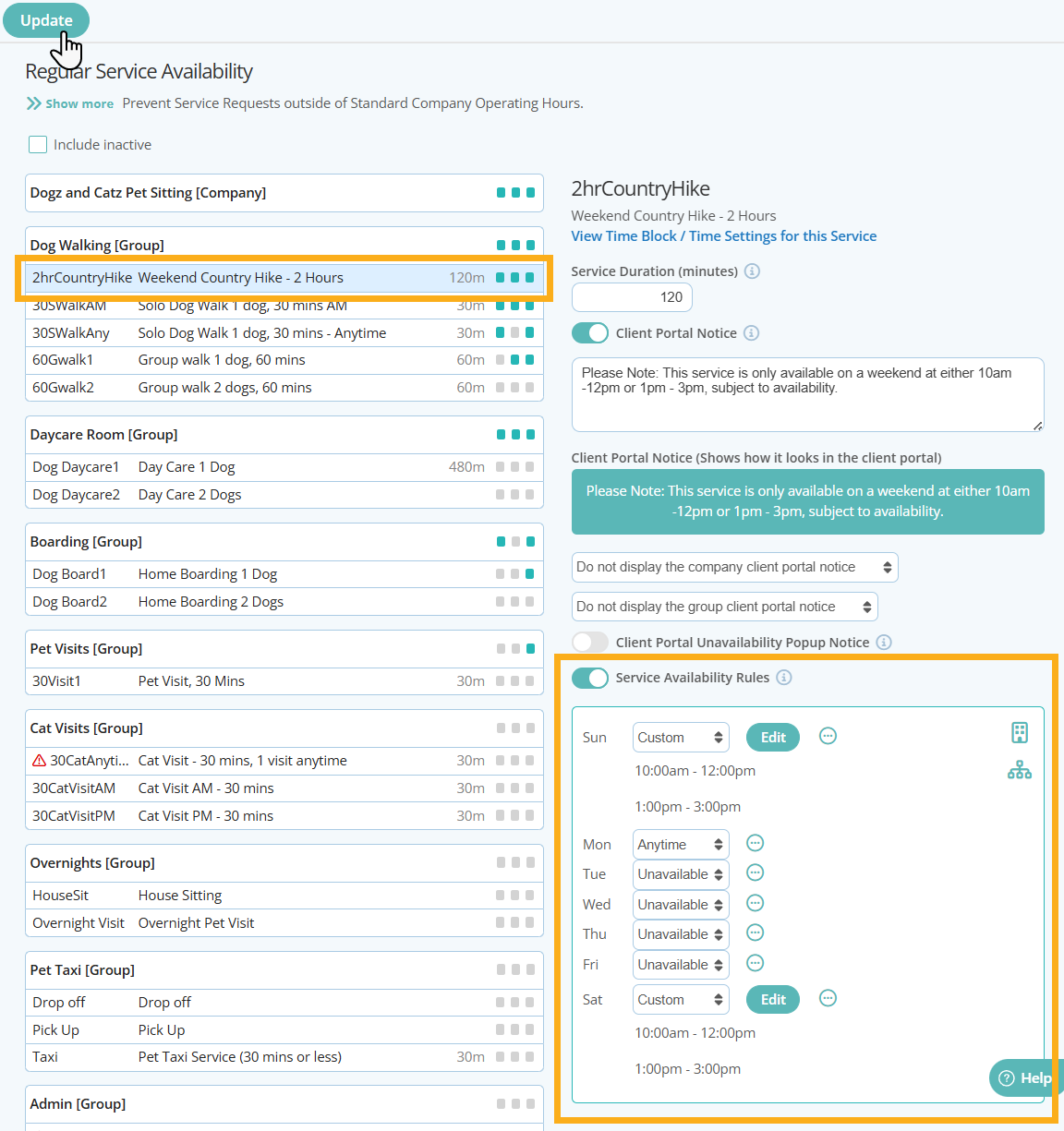 Allow clients to book a two hour hike on a weekend, but not during the week in Dog Daycare Software