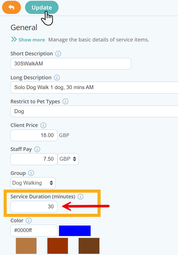 Enter duration of a service to stop a notification being triggered in dog walker software