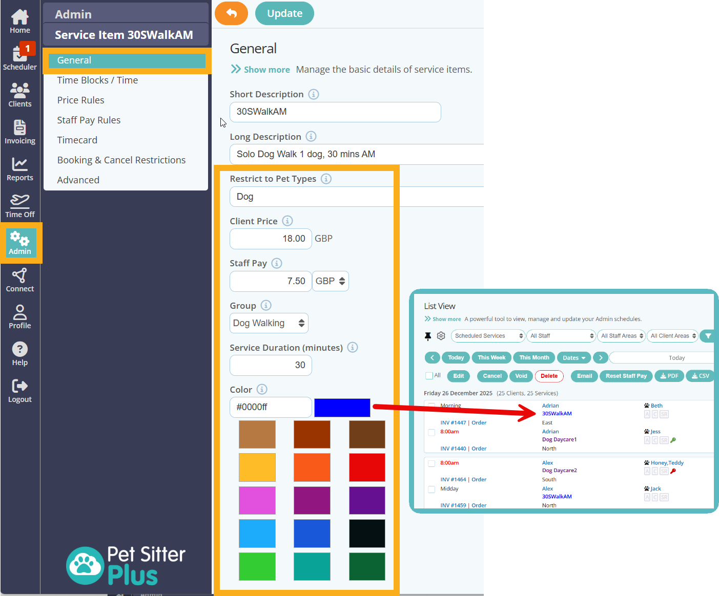 Set up Service Items in dog walking software