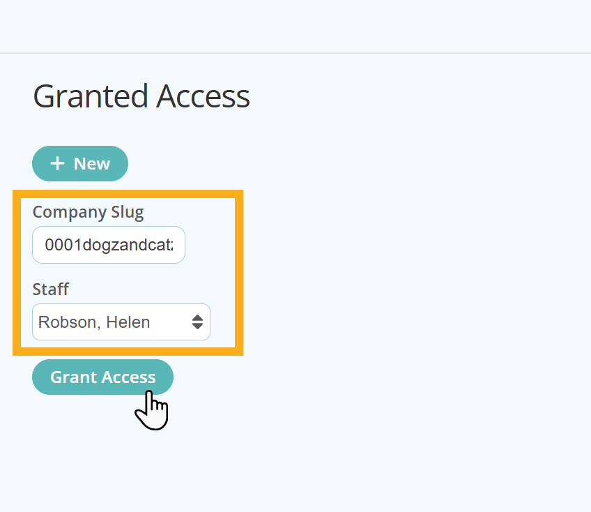 Enter Company Slug and Staff member into the box provided to access Linked accounts in Pet Walking software.