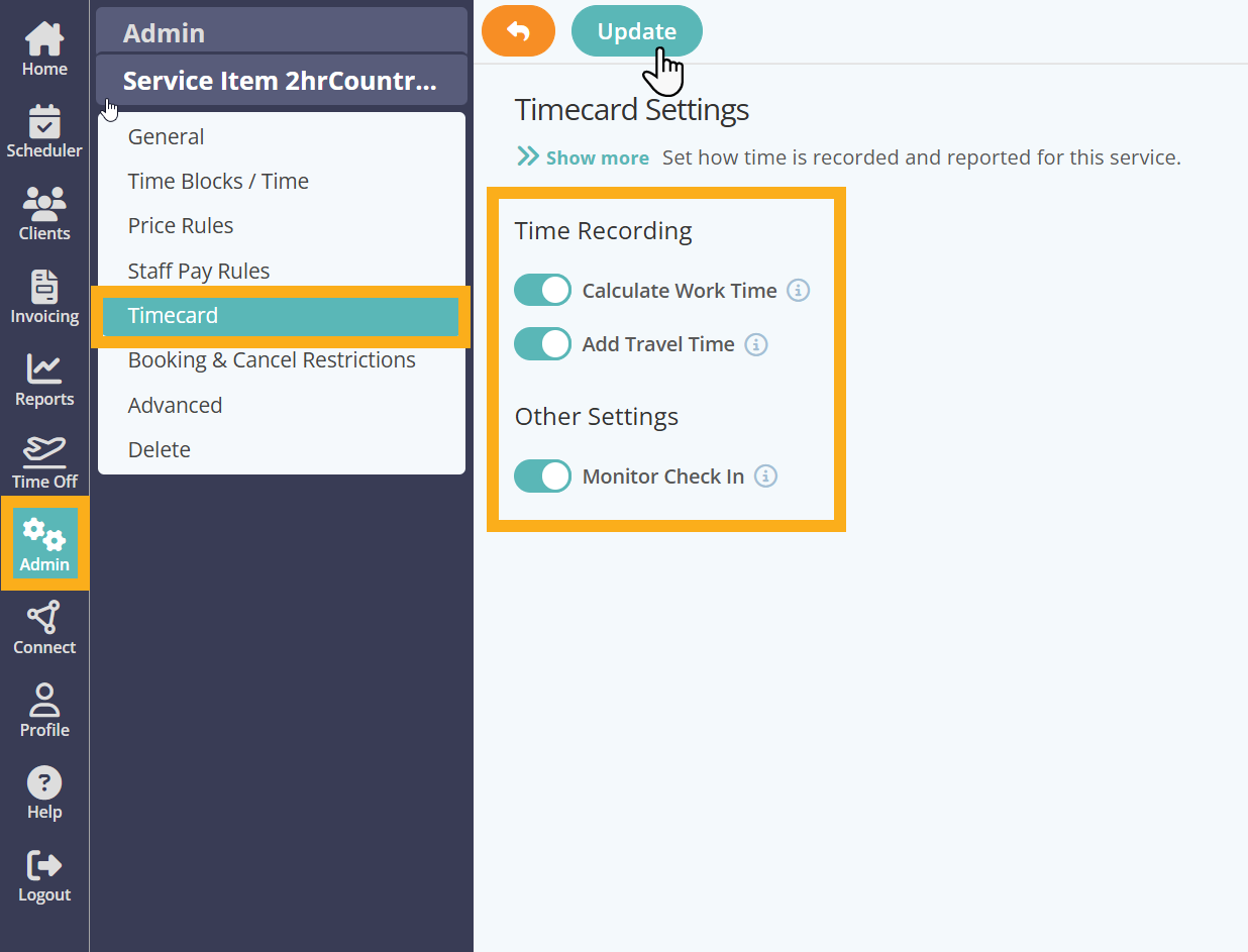 Set Timecard settings to report on hourly paid staff in cat sitting software