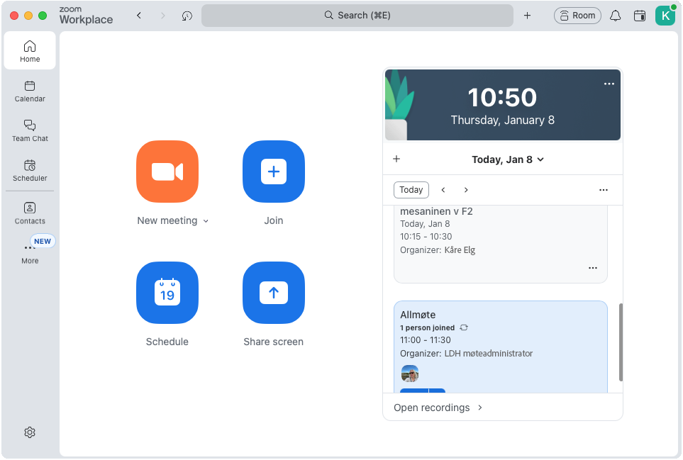 Her er Home-skjermen i Zoom. Klikk "Share Screen" for å dele skjerminnhold til møterommet