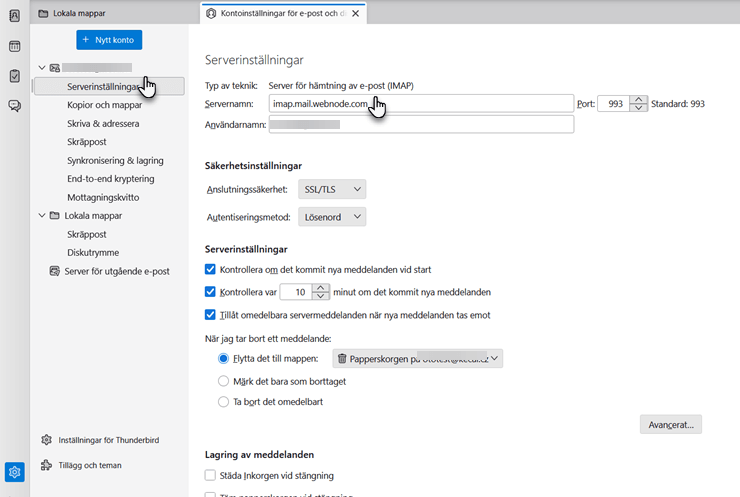 Ändra server för inkommande mail i Mozilla Thunderbird