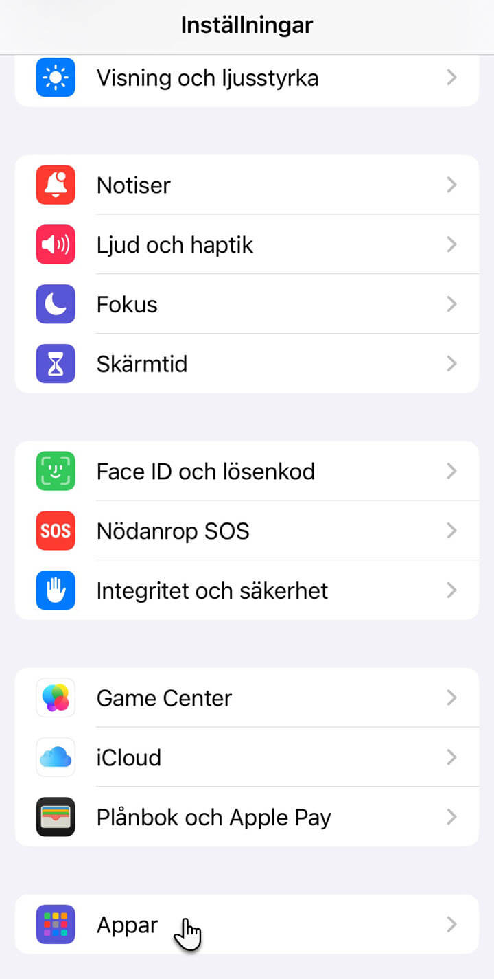 Redigera mailkonto på iPhone, gå till Appar