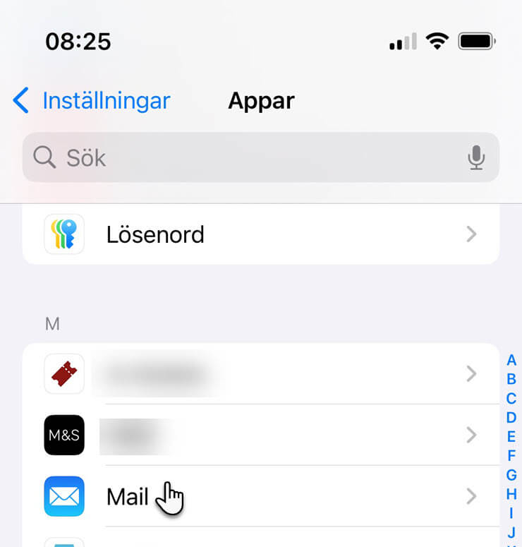 Alla appar är i bokstavsordning, klicka på Mail-appen