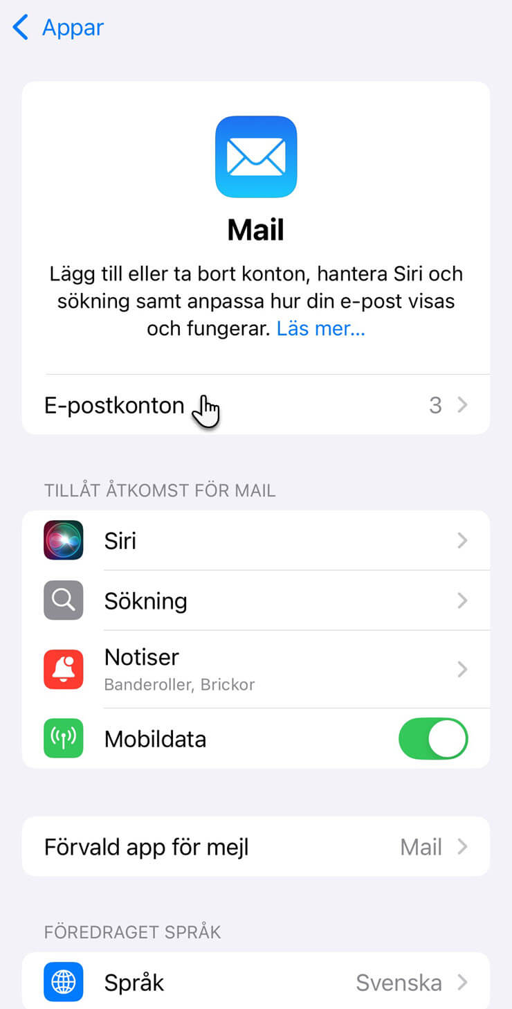 Klicka på E-postkonton för att uppdatera inställningarna