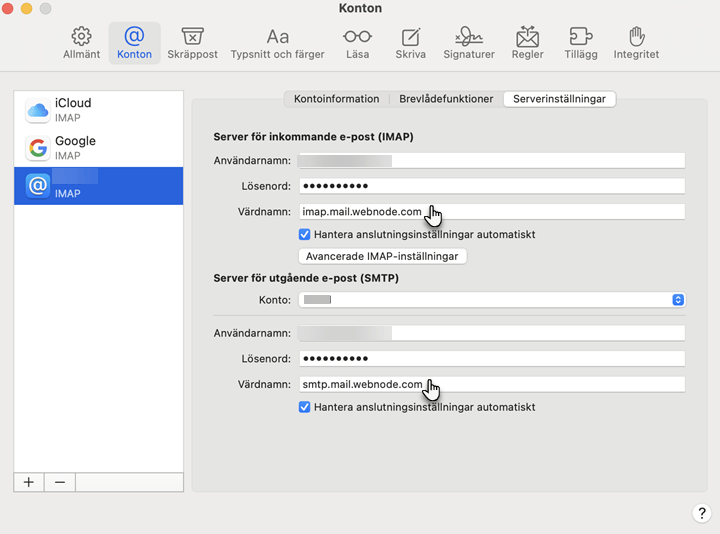Ändra serverinställningarna för mailkonto