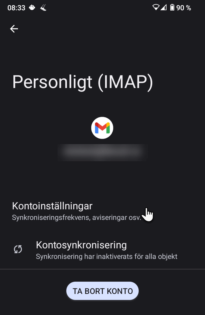 Välj kontoinställningar på din Android för att uppdatera mailserverinställningar