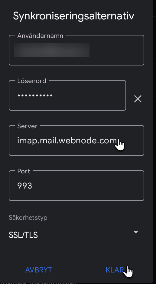 Synkroniseringsalternativ för inkommande mail på Android