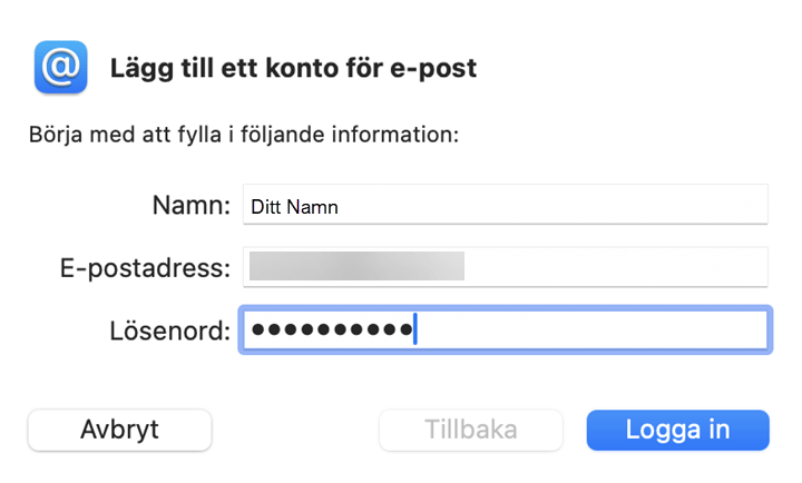 Ange inloggninguppgifterna för ditt konto för att lägga till det på din Mac-dator.