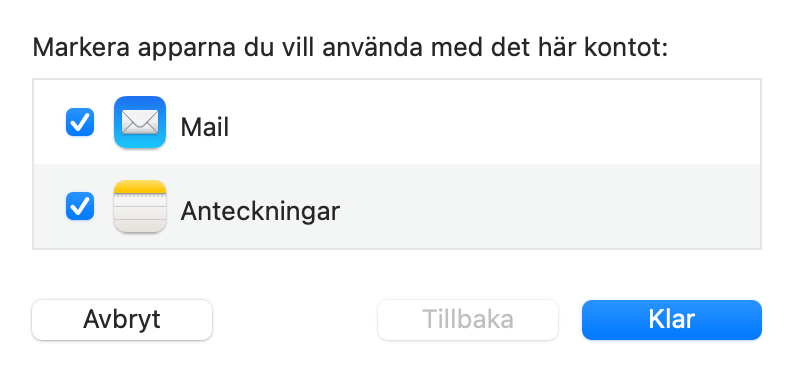 Markera apparna som du vill använda med mailkontot som du har lagt till.