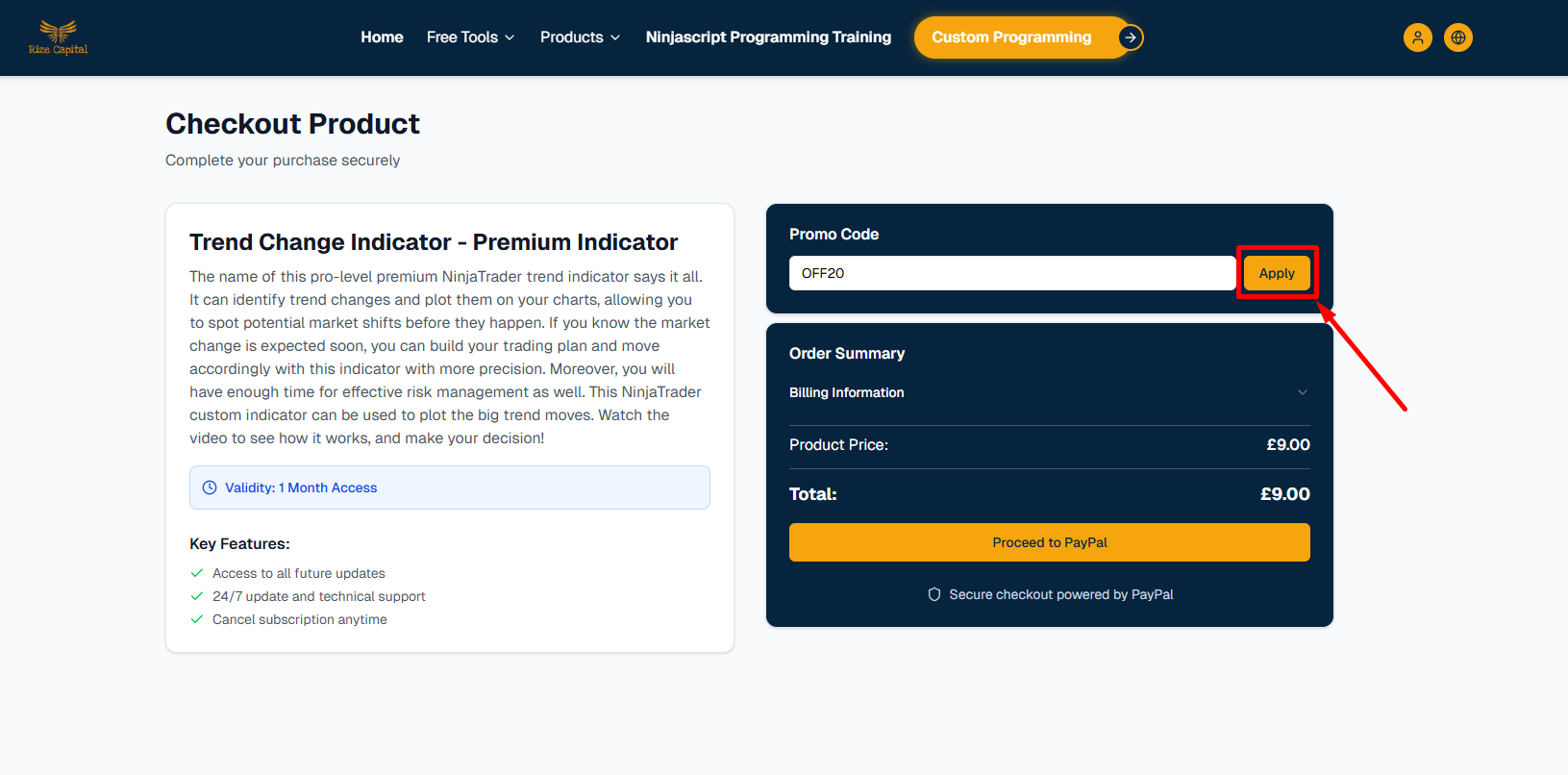 Applying Coupon on Rize Capital products