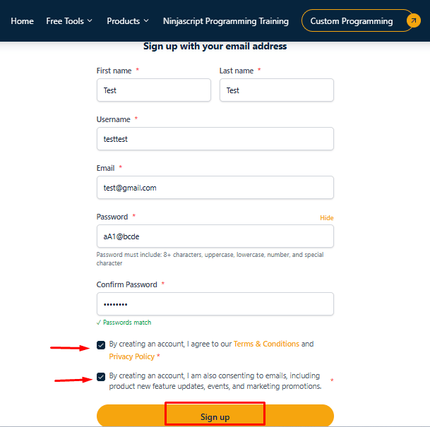 Enter Account Details for sign up