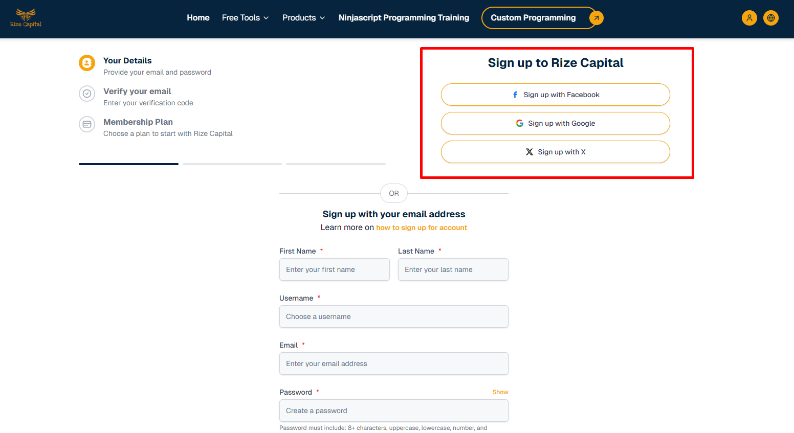 sign up to rize capital with Facebook, Google or X