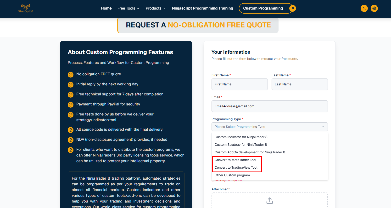 Rize Capital’s Custom Programming Service Filling out details