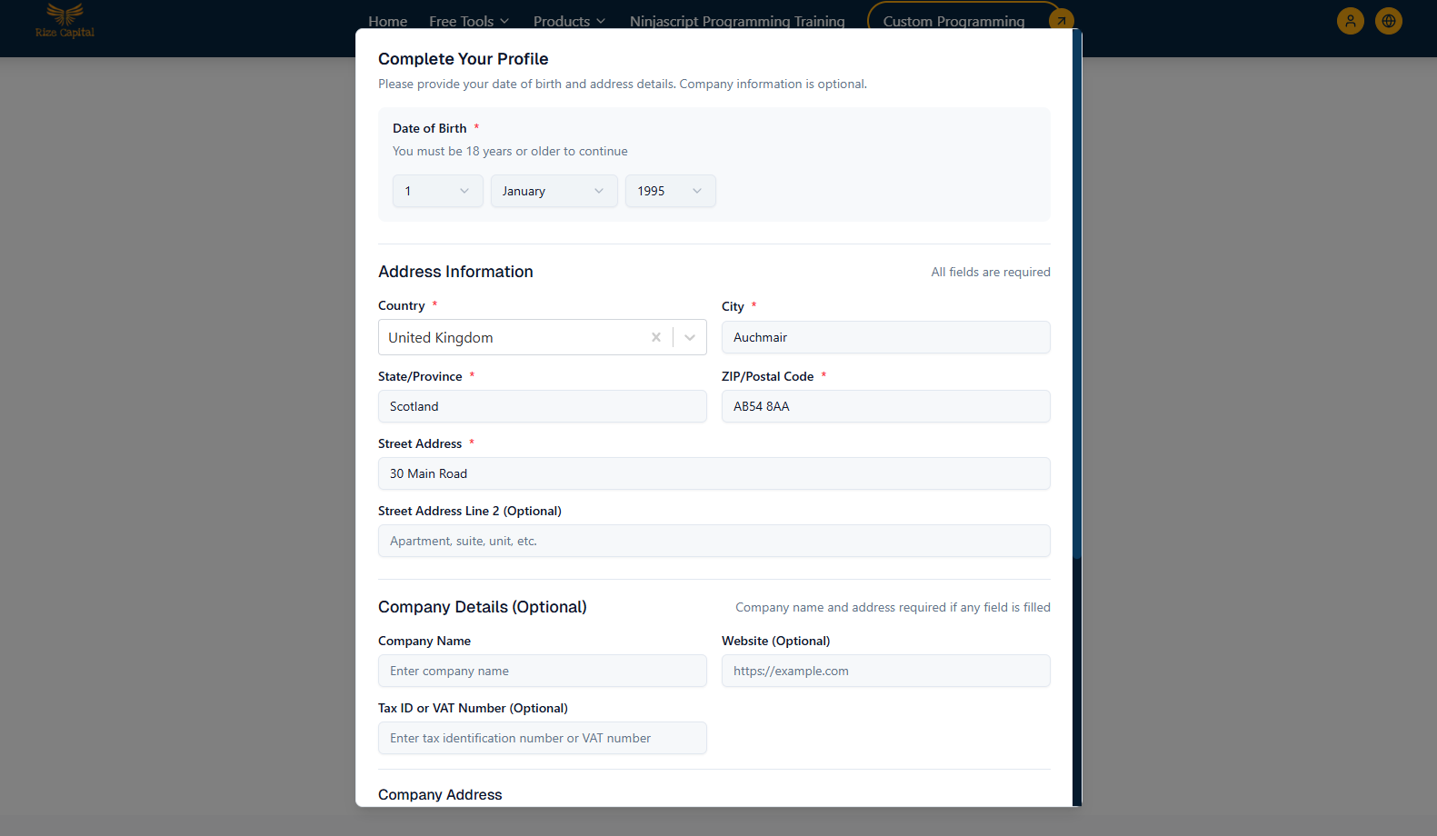 Complete Your Profile for sign up