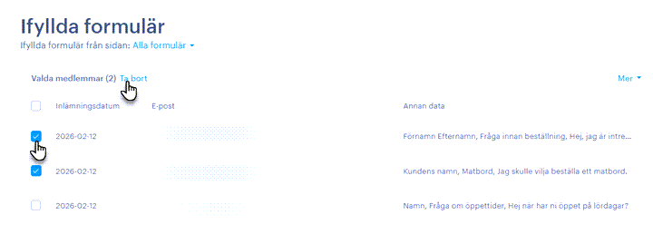 Markera formulär för att radera det/dem.