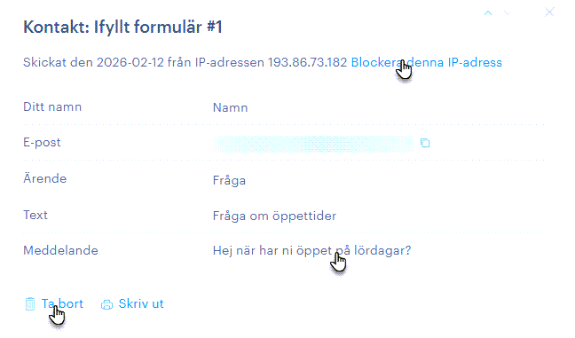 När du öppnar ett ifyllt formulär kan du se informationen som besökaren skrivit in i varje enskilt fält.