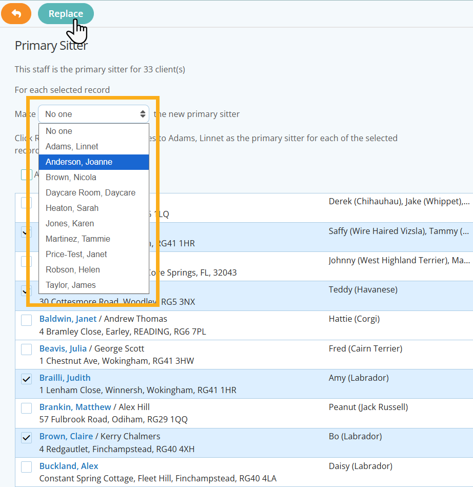 Select the Staff member to re-assign as a Primary Sitter for multiple clients using the maintenance feature