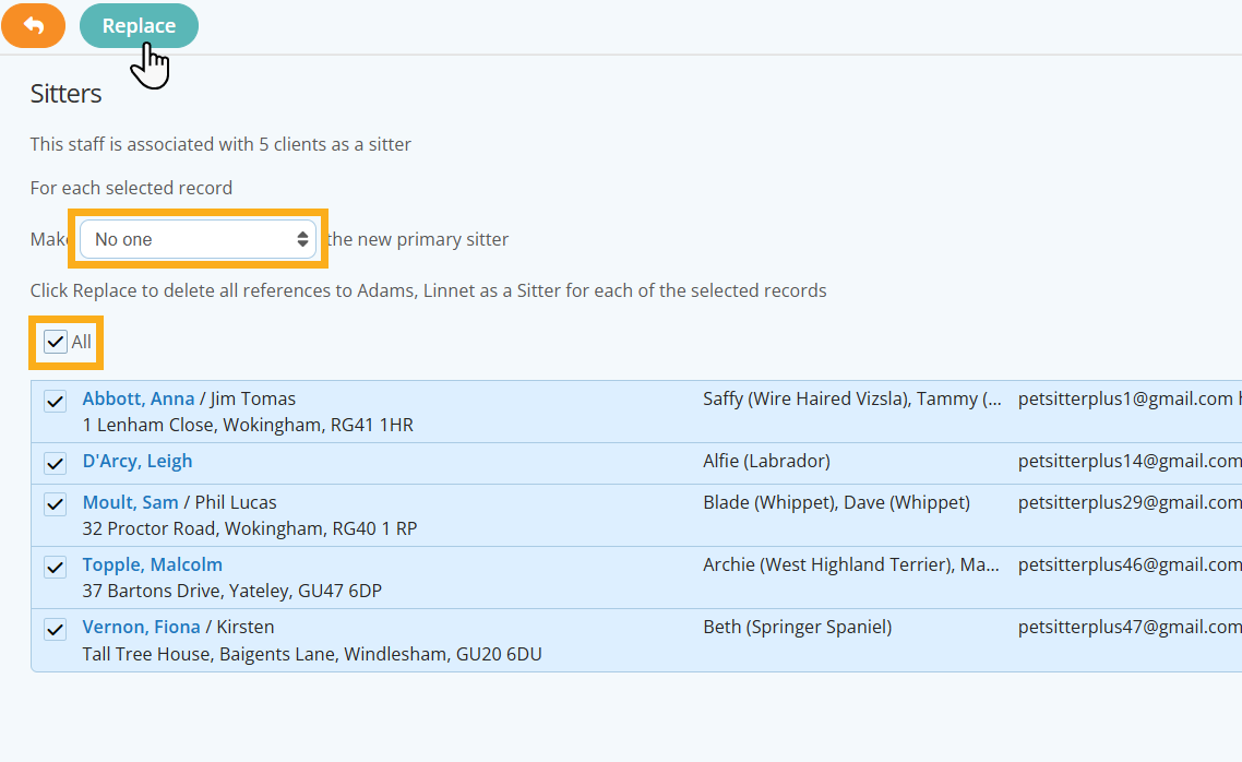 Remove a Sitter/Staff member as the designated Sitter/Carer on all or some Client Profiles in Pet Sitting Software.