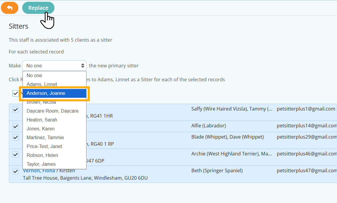 Replace a Sitter/Staff member as the designated Sitter/Carer on all or some Client Profiles in Pet Sitting Software.