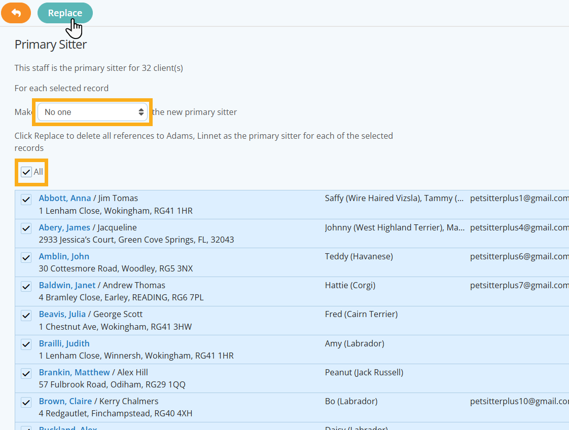 Remove a Sitter/Staff member as the Primary Sitter/Carer on all or some Client Profiles in Pet Sitting Software.