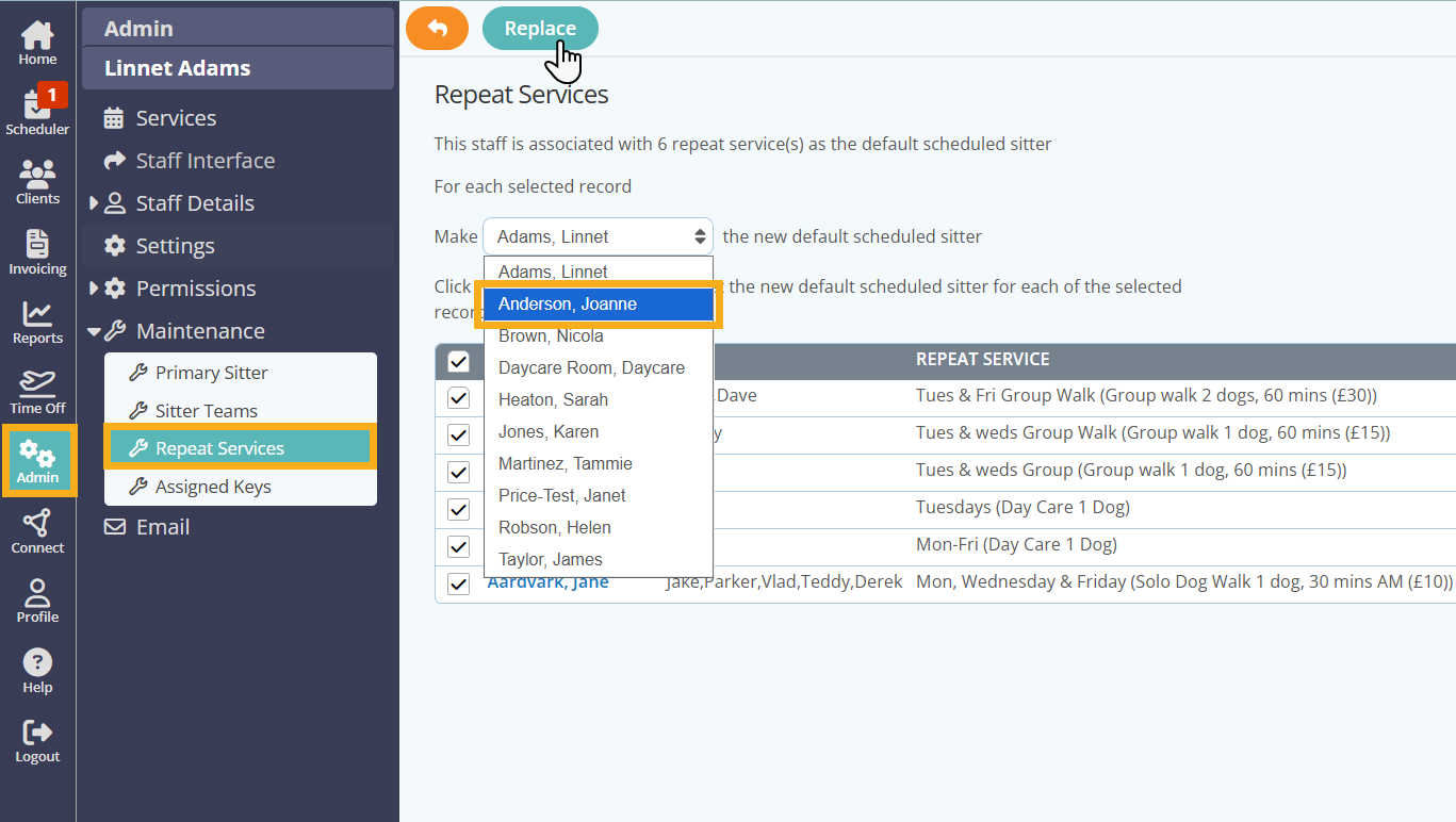 Change the Repeat Service Sitter on all or some Client Profiles in Pet Sitting software