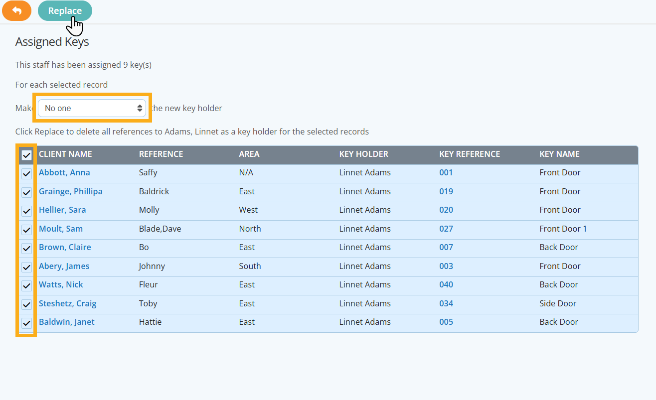 Remove a Sitter/Staff member as the Key Holder on all or some Client Profiles in Pet Sitting Software.