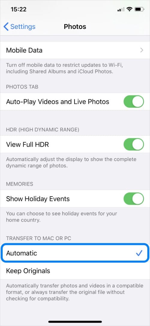 Photos settings with Automatic option to convert computer transfers