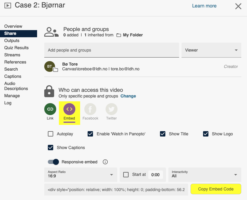 Bildet viser Share-vinduet, der du finner Embed funksjonen