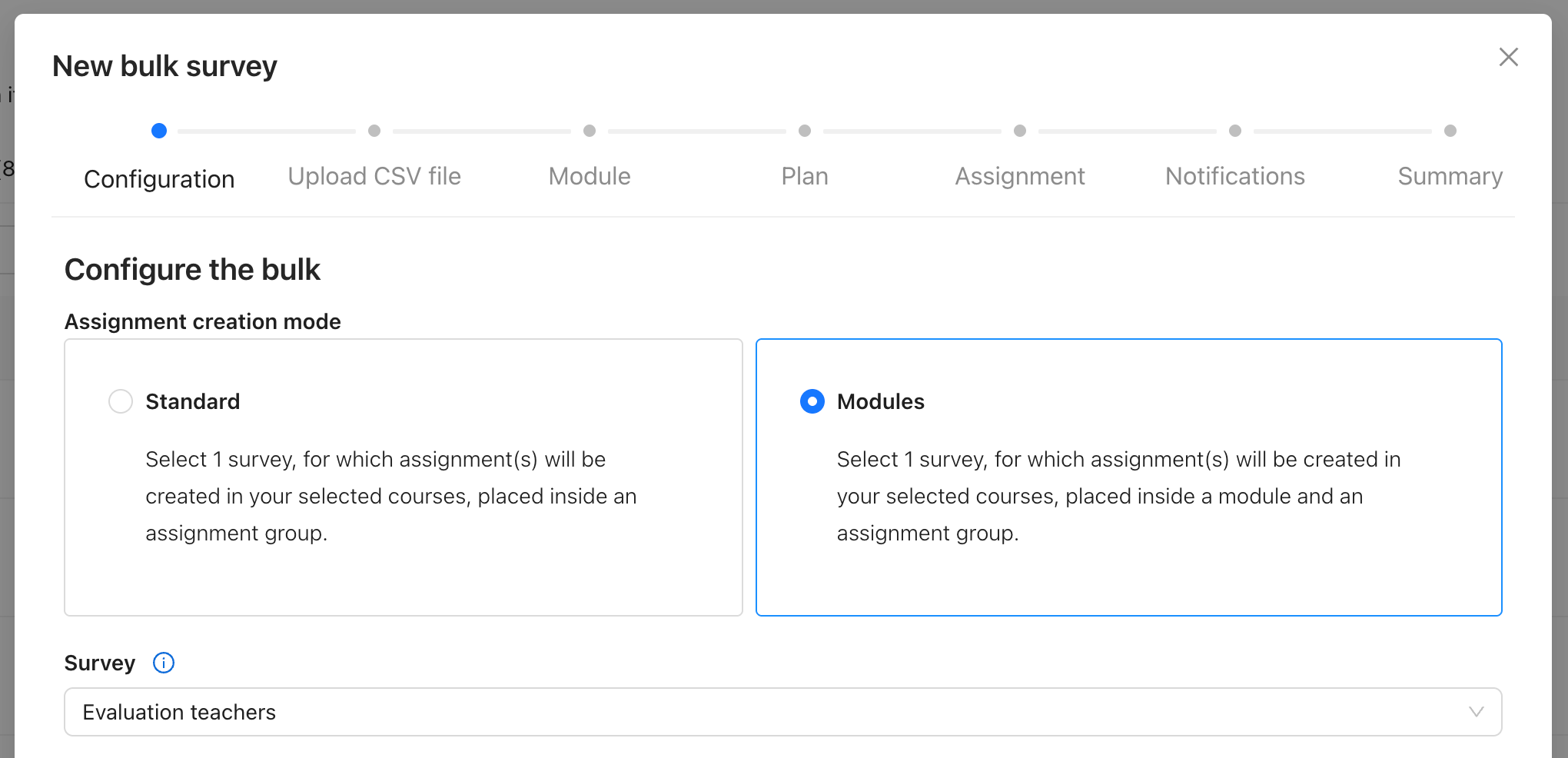 A screenshot of the the bulk wizard in Qualtrics LTI. Shown is the new Assignment creation mode setting with Modules selected.
