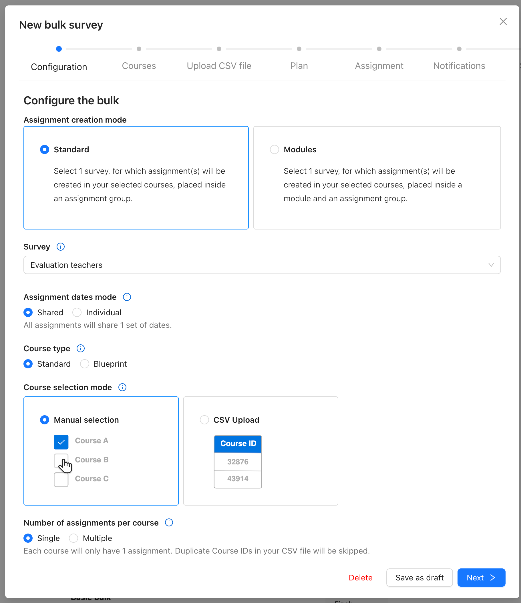A screenshot of the bulk survey wizard in Qualtrics LTI. Shown is the Configuration step and all of its settings.