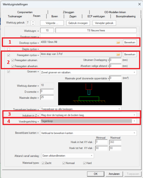 image10.png Afbeelding 10. Gebruik van het gereedschap instellen: snelheid, pockets, doorfrezen en freesrichting.