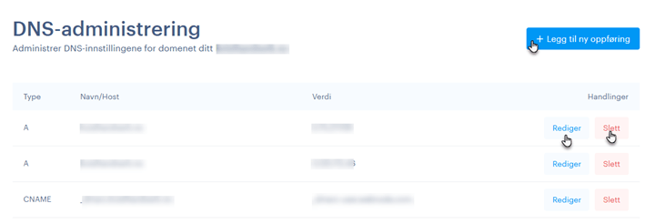 Rediger, slett. lag en ny DNS