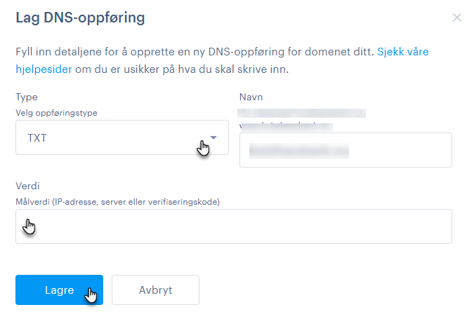Lag en ny DNS oppføring