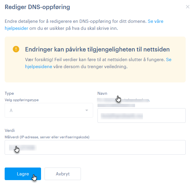 Rediger DNS oppføring