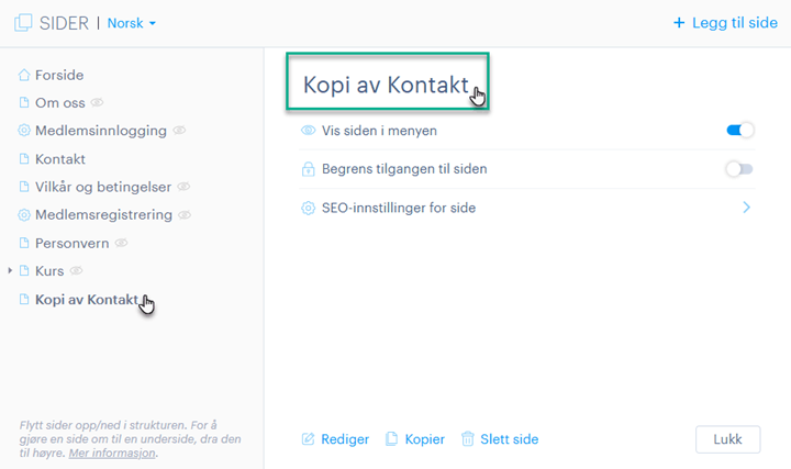 Ny navn på side