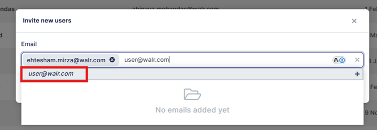 The image shows a user interface with an invitation to add new users, featuring email fields and a list of email addresses.

AI-generated content may be incorrect.