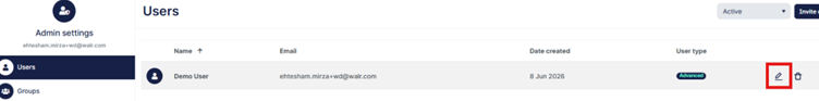 The image displays a user account page with fields for name, email, and account type, including a created date and a button to invite other users.

AI-generated content may be incorrect.