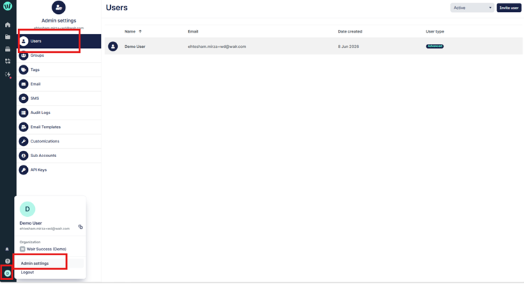 The image displays an admin panel in a web application, showing user management features such as active users, invitation, user settings, and various customization options.

AI-generated content may be incorrect.