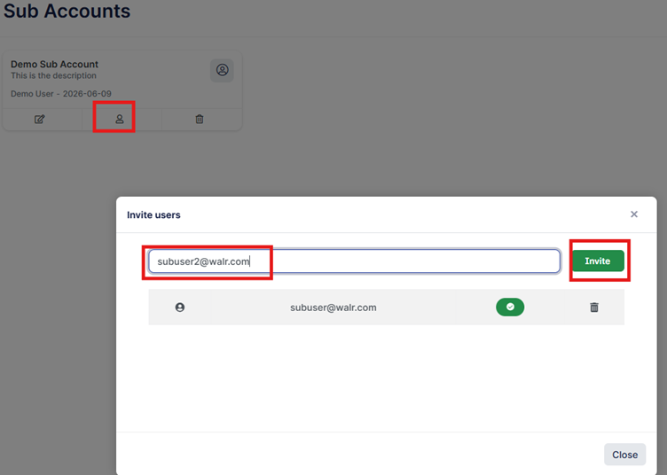 The image shows a user interface displaying a demo account with an email invitation for another user, with options to invite or close the account.

AI-generated content may be incorrect.
