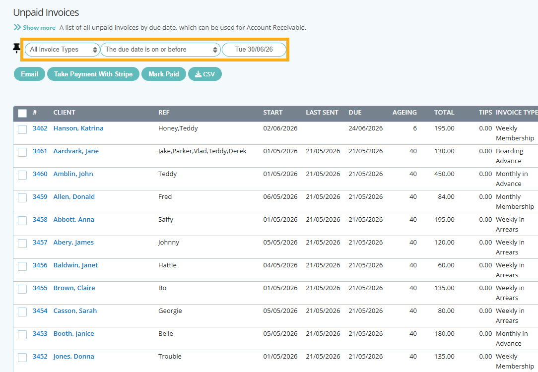 View your outstanding invoices in dog walking software