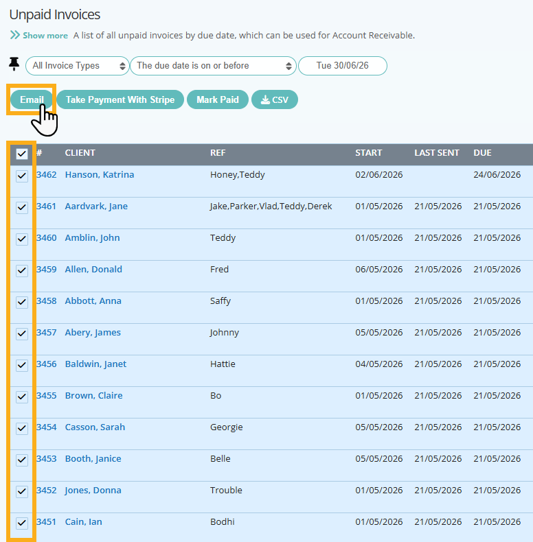 Email payment reminders to multiple clients in dog boarding software