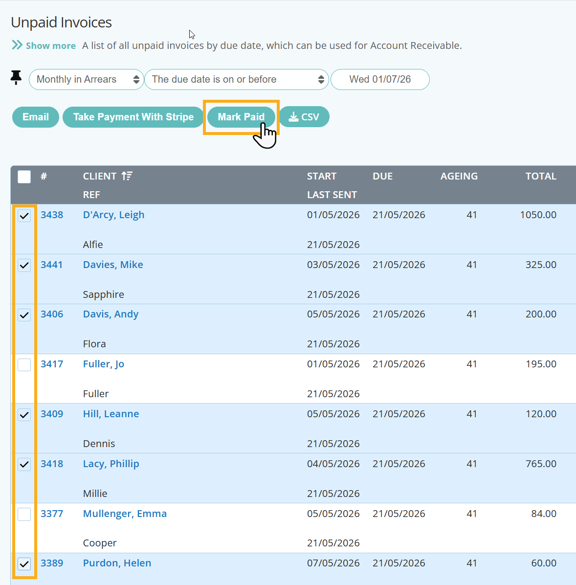 Mark invoices as paid in full in dog walking software