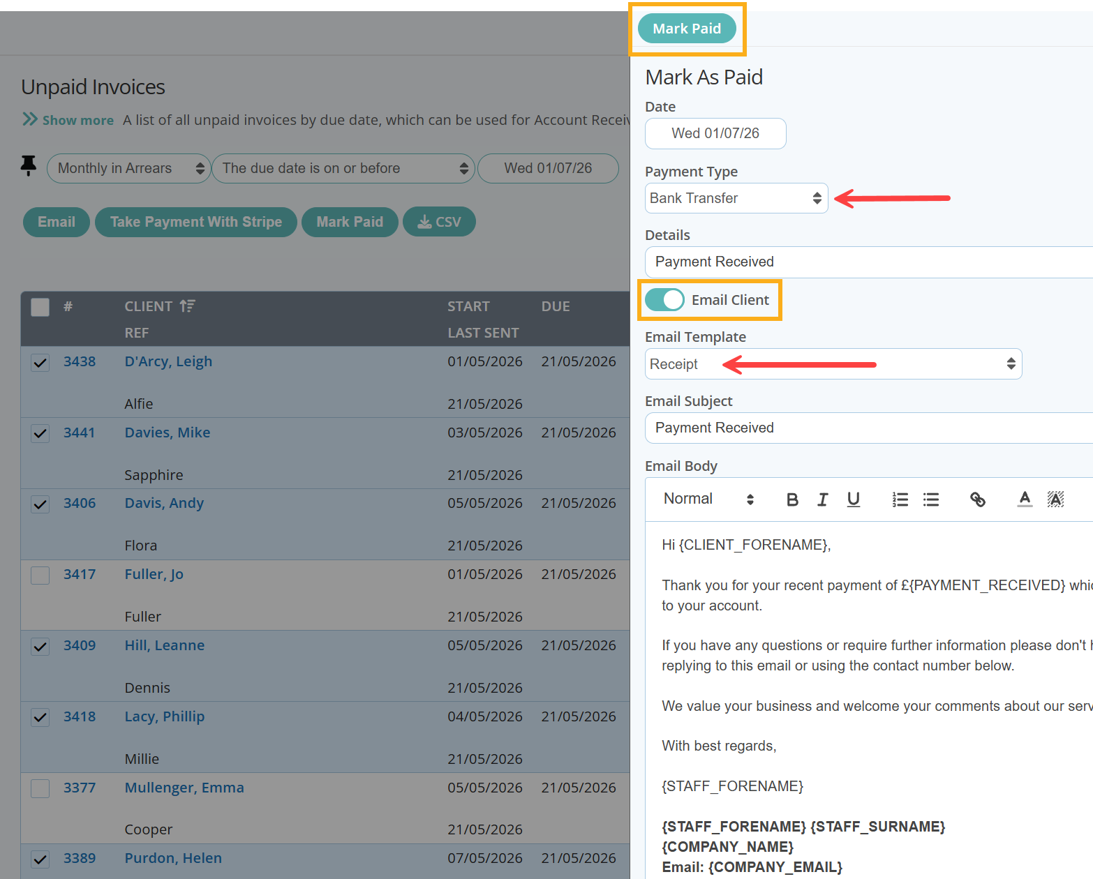 Mark invoices as paid in full in dog walker software