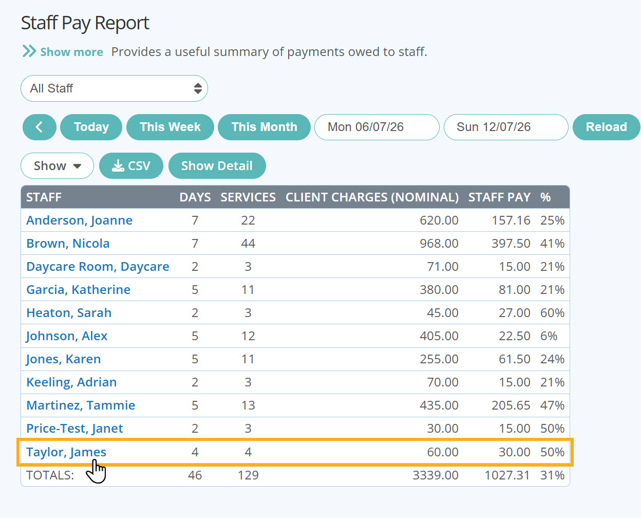 Inactive Staff Member on Staff Pay Report in homeboarding Software