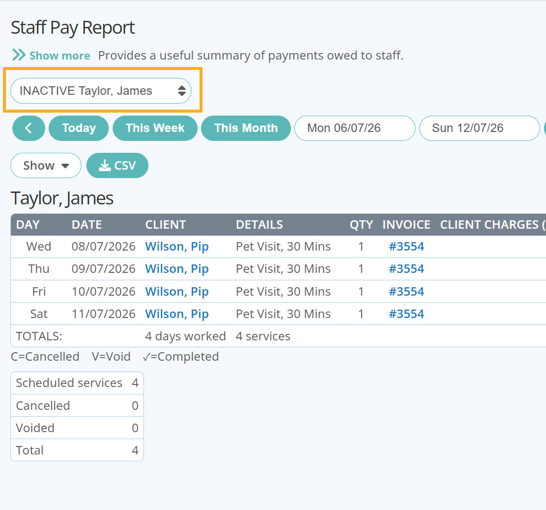 Inactive Staff Member on Staff Pay Report in homeboarding Software